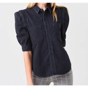 Frame Rosette Puff Elbow Sleeve Collared Denim Button Down Shirt Black Small
